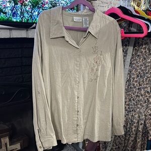 Beige Floral Embroidered Button-Up Shirt